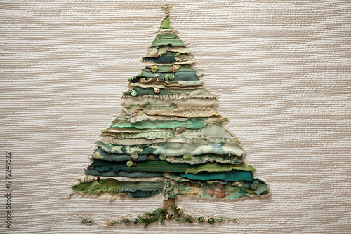 A handmade Christmas tree made from scraps of fabric and buttons
