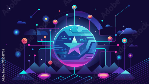 Data Connection Network Futuristic Technology. Artificial Intelligence. Globe Abstract Digital Communication System Element Circuit Board Illustration Innovation.