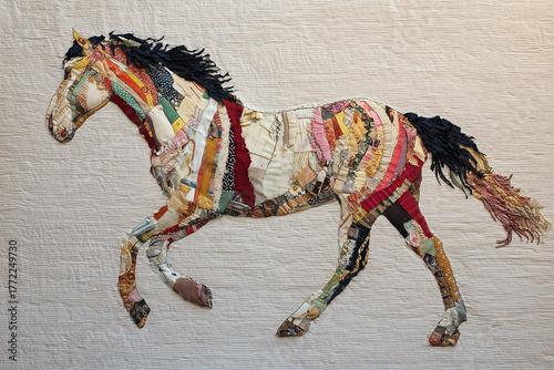 Horse applique made from multi-colored pieces of fabric on a beige textile base
