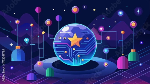 Abstract Technology Network Connection Circuit Board Artificial Intelligence Illustration. Digital Communication System Background. Modern Star Symbol Element.