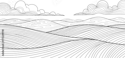 Landscape hills clouds sky field nature drawing line art abstract pattern calm