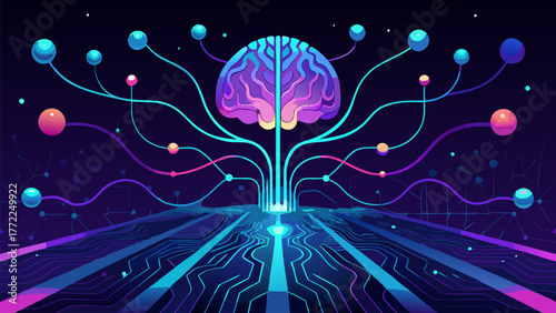 AI Brain Connection to Digital Network Vector Illustration of Future Technology. Neural Network Data Science Artificial Intelligence Concept Backdrop.