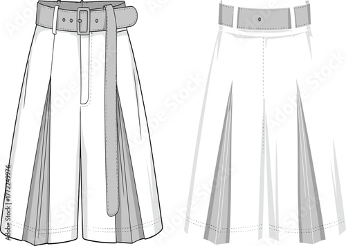 Vector CAD drawing of pleated shorts with belt loops, fly front, tab detail, and back seam for fashion design illustration