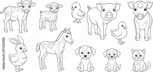 Farm animals cow sheep chick pig duck calf rabbit foal puppy dog kitten outline