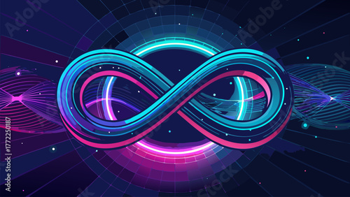 Infinite Loop Symbol Neon Line Connection Geometric Background. Abstract Science Design Innovation Concept. Connection Network Technology Data Futuristic.