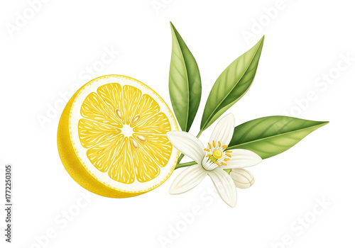 Lemon Slice with Blossom PNG Clip Art - Transparent Citrus Flower Vector Illustration