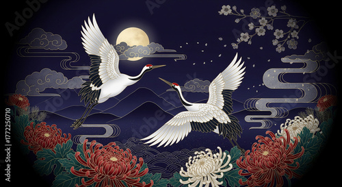 Japanese Crane Night Moon PNG - Chrysanthemum Flying Birds Transparent Vector Art