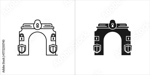 Gate with lock and shield in outline and glyph style