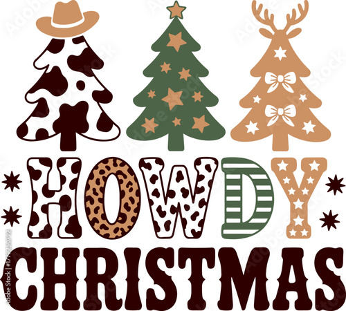 Howdy Christmas, vector illustration. Country style holidays, western design. Christmas tree with cow print. Cowboy rustic charm, festive spirit. Seasonal graphics, southern-themed holiday decor