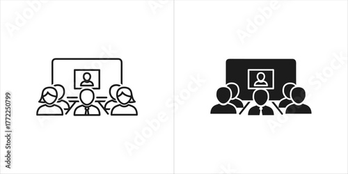 Online conference icon in line and glyph style