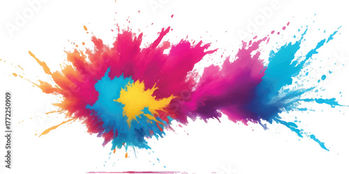 Colorful explosion of holi powder vibrant splash with pink blue and yellow pigments isolated on white background
