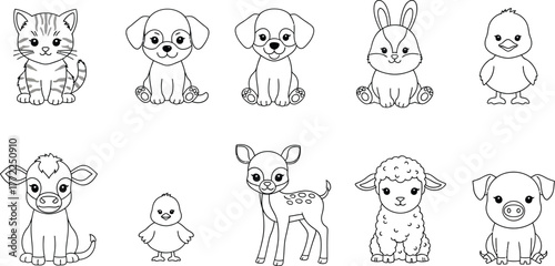 Cartoon animals cat dog bunny chick cow deer sheep pig cute drawing vector art
