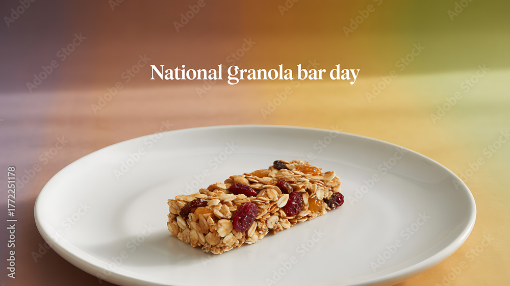 Fototapeta premium A granola bar with oats and dried fruit on a white plate, celebrating National Granola Bar Day