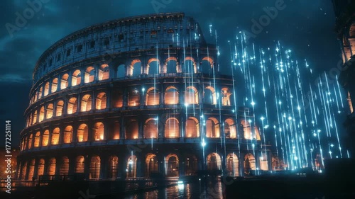 A futuristic vision of the ancient Roman Colosseum illuminated by neon blue light combines history, architecture, and technology, symbolizing the harmony between the past and the digital age of art