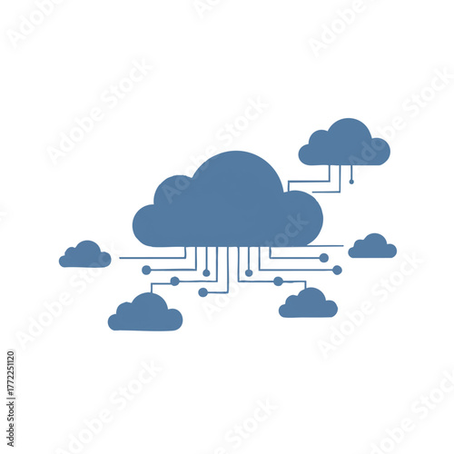 Cloud computing system architecture featuring a centralized Machine Learning node connected to a global digital network, rendered in a crisp 2D flat illustration style on an isolated white background.