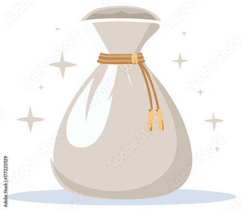 Isolated beige fabric sack tied with brown rope and cord stands beside stars, creating a magical pouch scene