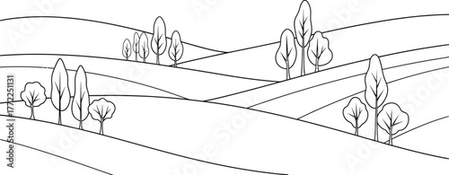 Landscape hills trees nature drawing outline scenic countryside rural calm