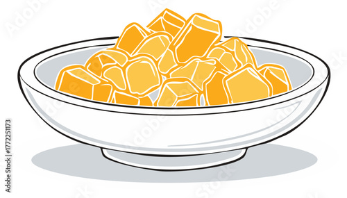Bowl of fresh diced mango with a stylized vector illustration