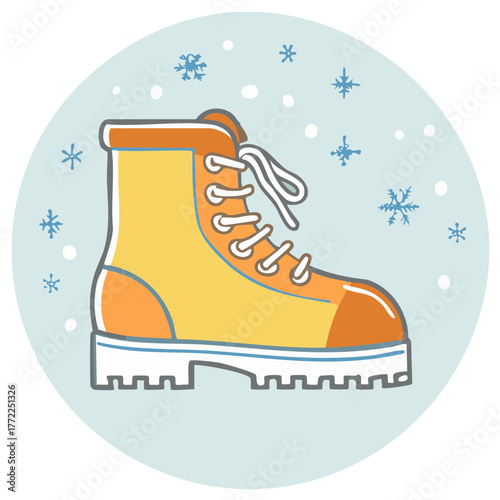 Illustration of a bright yellow and orange winter boot with snowflakes and a blue background