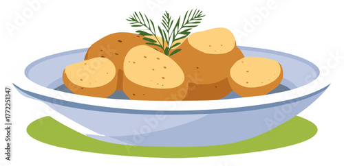 Freshly Harvested Potatoes Served in a Bowl with Green Herbs