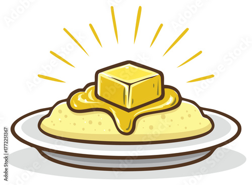 A delicious pat of butter melting on a serving of warm mashed potatoes on a plate cartoon vector illustration