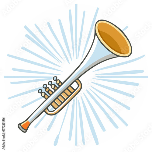 Illustrated trumpet blowing a loud fanfare with sound lines cartoon style