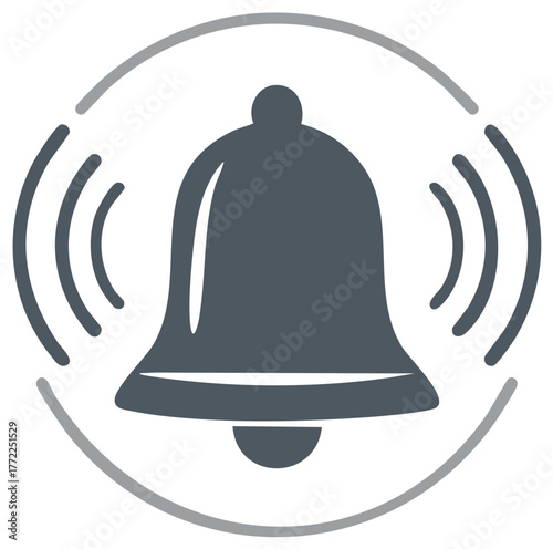 Stylized bell icon with sound waves, round frame, simple gray design element