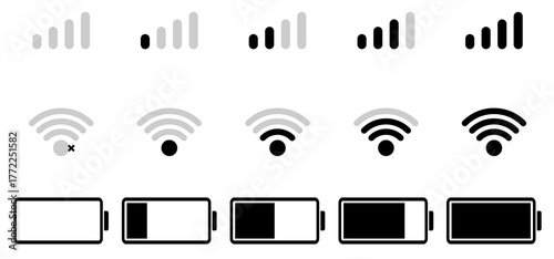 battery, wifi and mobile network icons in a clean, minimal style, ideal for apps, UI, UX and digital interfaces. Battery icon set. Wi-Fi icons Set. Battery, WiFi, network, icons.