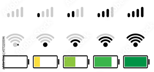 battery, wifi and mobile network icons in a clean, minimal style, ideal for apps, UI, UX and digital interfaces. Battery icon set. Wi-Fi icons Set. Battery, WiFi, network, icons.