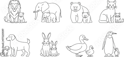 Animal line art lion elephant bear cat dog rabbit duck penguin baby mother