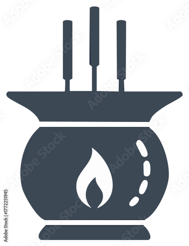 Stylized illustration of an incense burner with three sticks and a visible flame