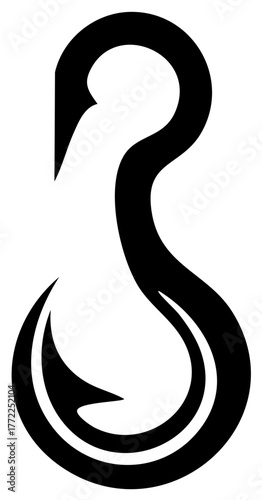 Vector illustration of a stylized black fish hook with a serpentine S curve