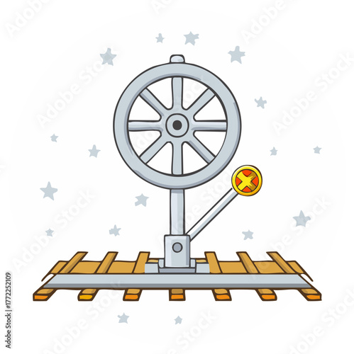 Cute cartoon railway switch with handwheel and train tracks illustration under stars