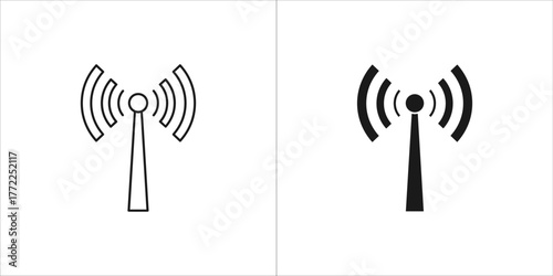 Two icons of a radio tower with signal waves, one outline and one filled
