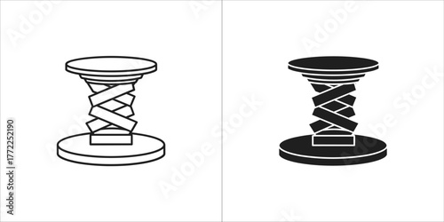 Two line art icons of a scissor lift, one black and one white