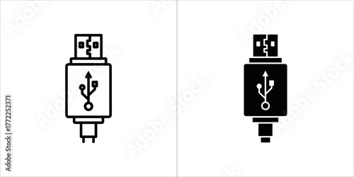 Usb connector icon, black and white outline and solid fill
