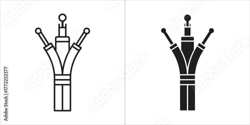 Line art and solid black icon of fiber optic cable connector
