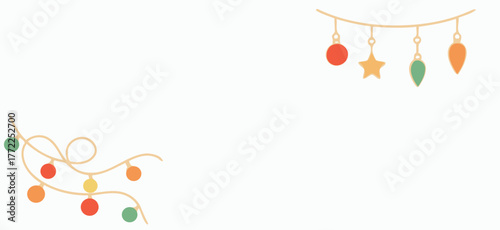 Christmas hanging ornaments with string lights corner frame, minimal gold line festive banner with copy space.