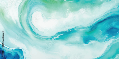 Abstract watercolor background with flowing turquoise and green hues creating a fluid and calming texture perfect for backgrounds and design elements