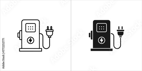 Electric car charging station icon in black and white on a