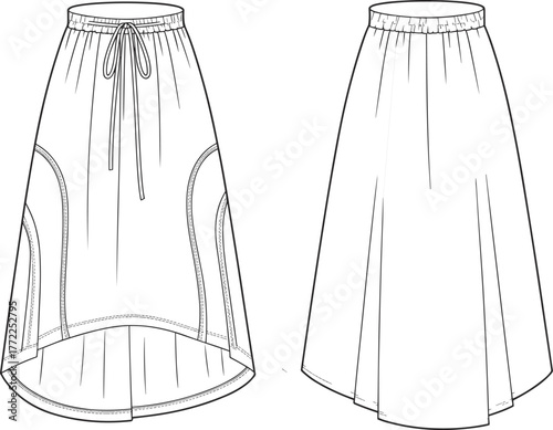 Vector CAD drawing of high-low skirt with drawstring waistband, curved seam detail, and front-back views for fashion design illustration