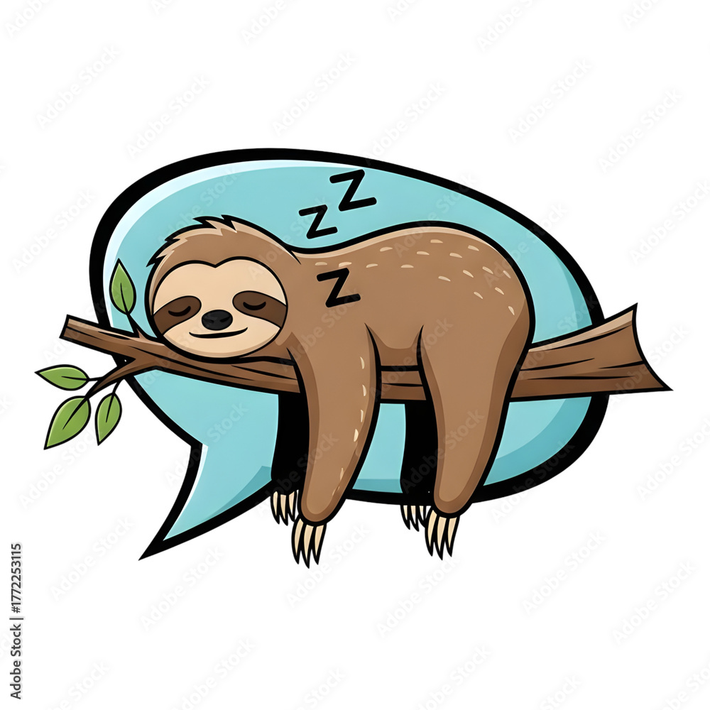 Obraz premium A cute cartoon sloth sleeping soundly on a tree branch inside a light blue speech bubble.