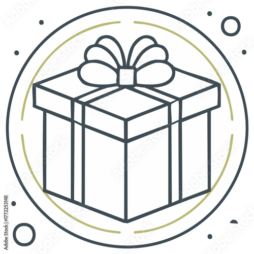 Minimalist line art illustration of a gift box with a ribbon and bow enclosed in a circular frame with dots