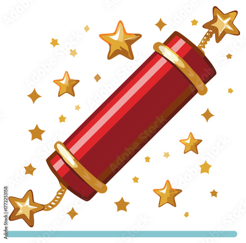 Festive Red Firecracker with Exploding Gold Stars