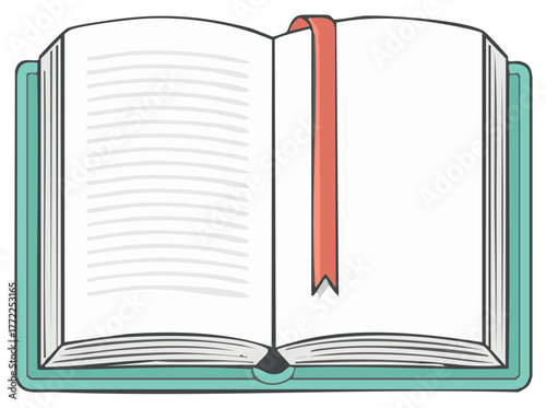 Hand drawn illustration of an open hardcover book with a bookmark on a blank page