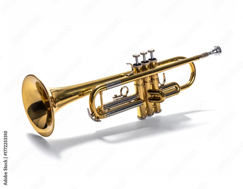 Obraz premium Gold trumpet angled on white background
