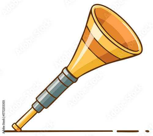 Illustration of a golden vuvuzela with a grey telescopic section and orange bands