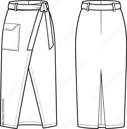 Vector CAD drawing of wrap skirt with belt, flap pocket, front slit, and back view for fashion design and garment illustration