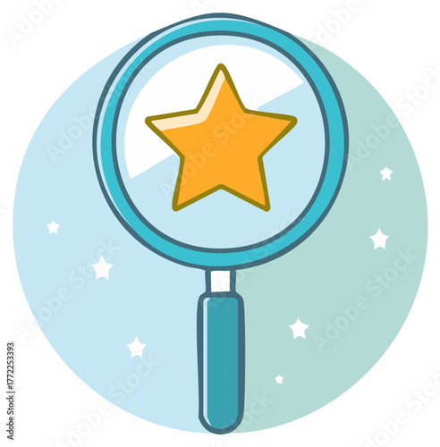 Magnifying glass examining star symbol in cartoon style on a blue background