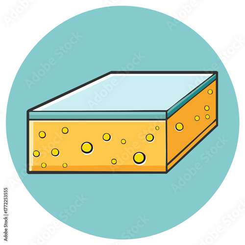 Yellow porous cleaning sponge with a blue abrasive side in a cartoon vector icon style